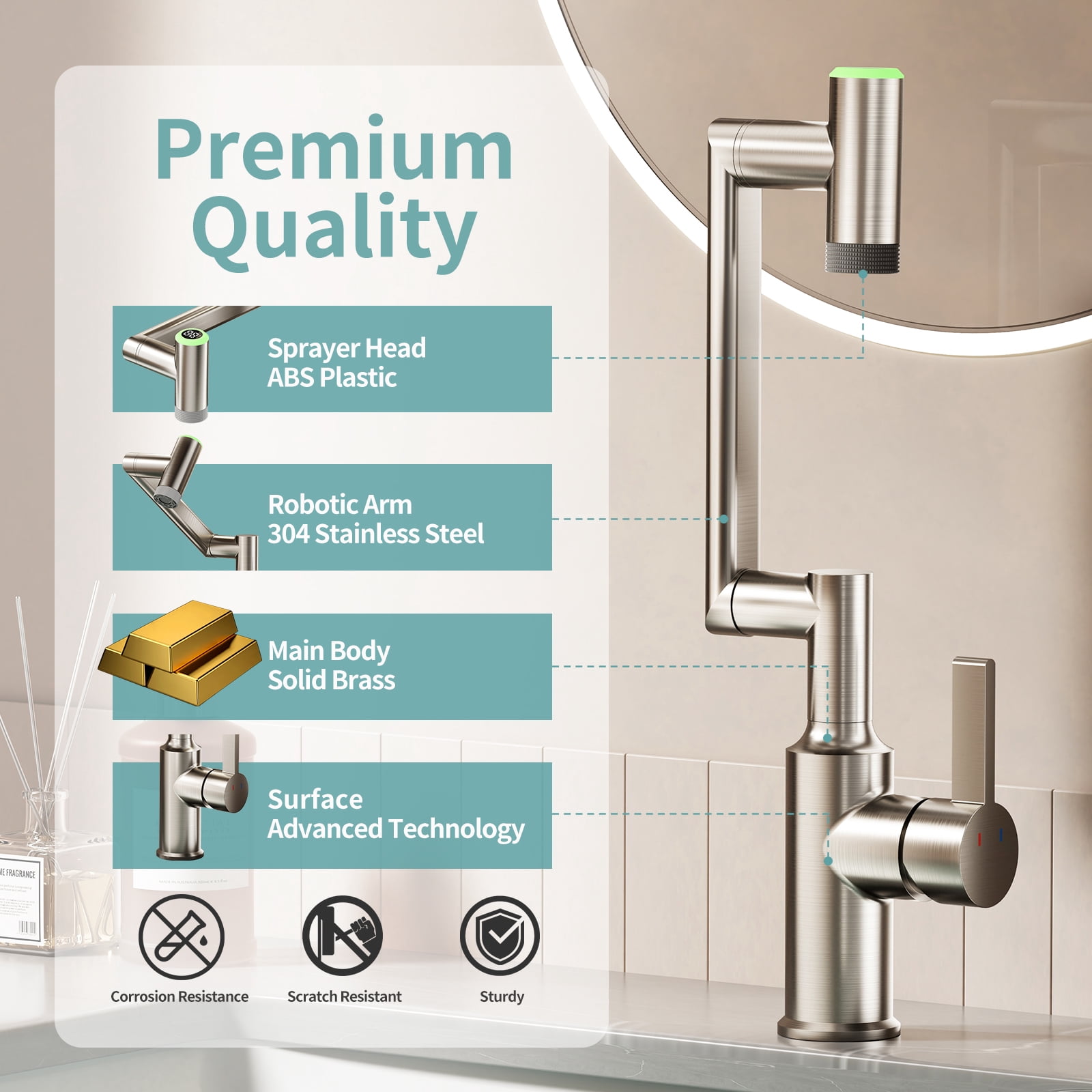 KAIYING Rotatable Bathroom Faucet with Digital Temperature Display, 1080 Degree Swivel Single Handle Sink Tap with 2 Spray Modes, Brushed Nickel