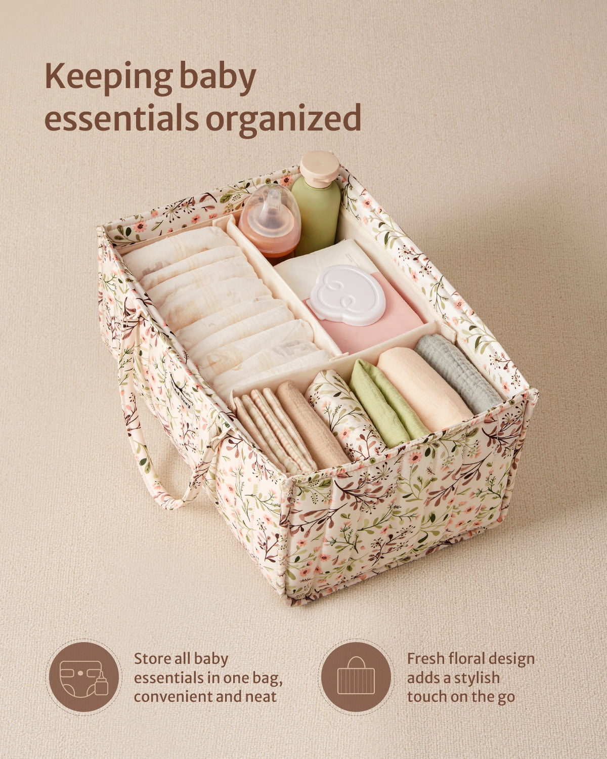 Blissful Diary Diaper Caddy Organizer,Baby Baskets for Baby Shower, Portable Nursery Changing Table Organizer, Diaper Bag, Infant Newborn Essentials Gift, Baby Registry Must Have, Botanical Floral