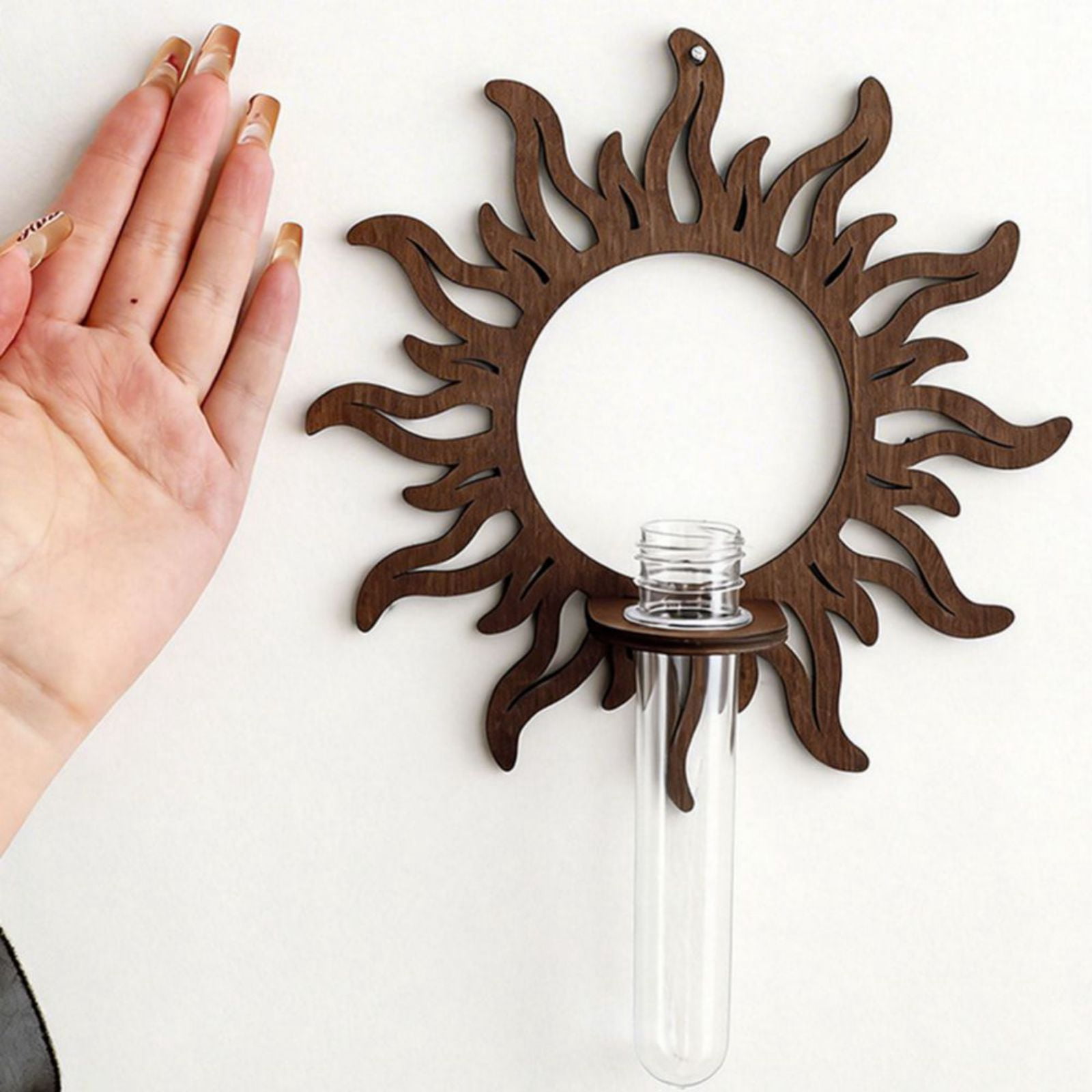 Wooden Sun Shaped Wall Hanging Planter Propagation Station Glass Flower Vase for Hydroponics Plants, Bathroom, Home Office Living Room Decor Gift