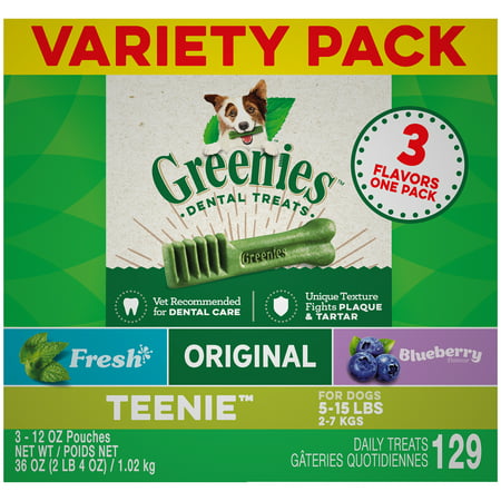 Greenies Teenie Natural Dog Dental Chews 3-Flavor Variety Pack, (3) 12 oz. (Best Dog Chews For Small Dogs)