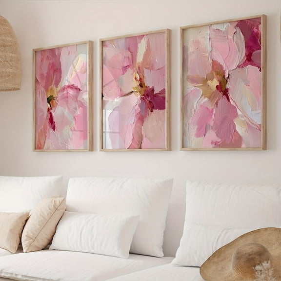 3pcs/set, Abstract Pink Flower Painting, Modern Peony Art Wall Decoration, Living Room Wall Decoration, Flower Bedroom Art Print, No Frame