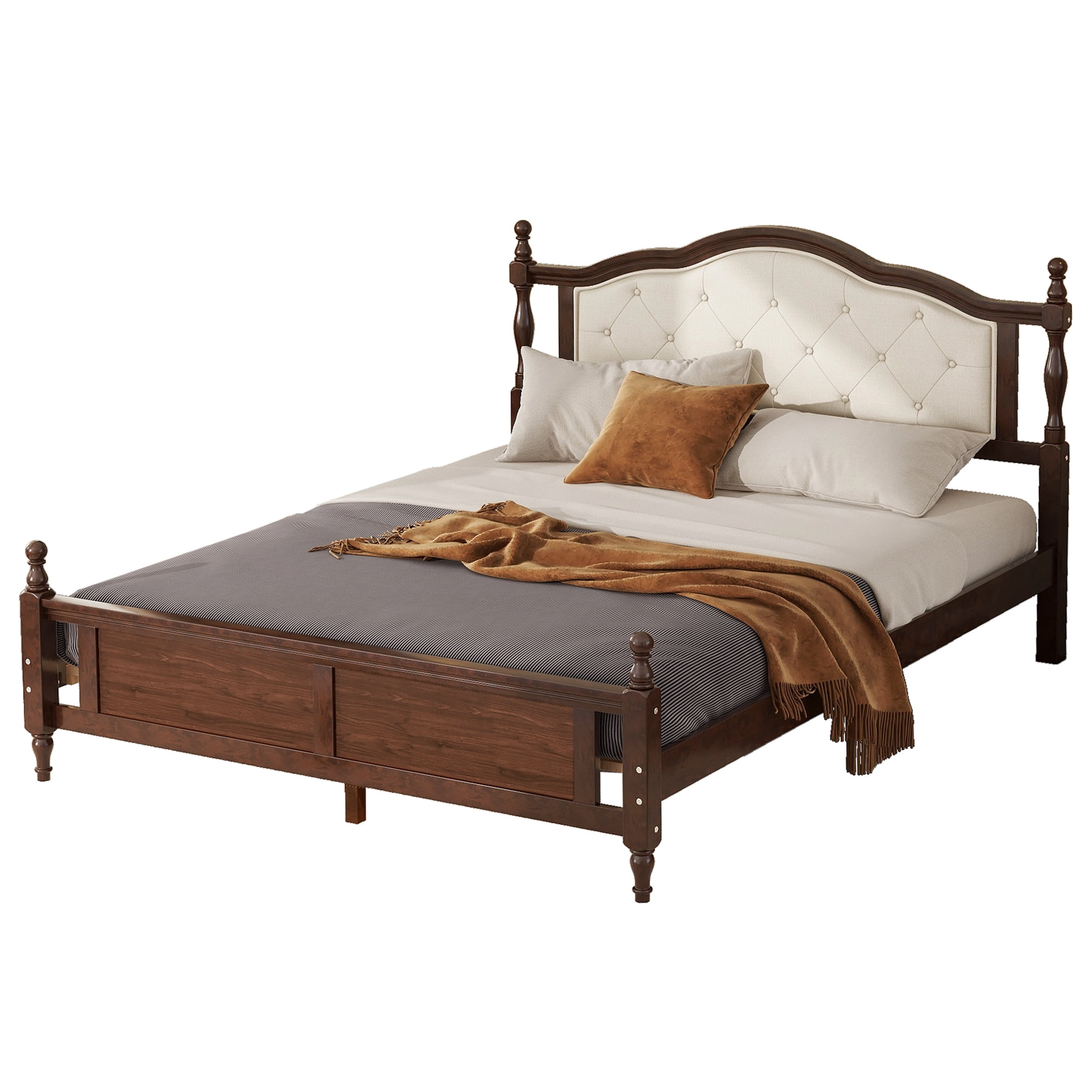 Sailvan Queen Pine Wood Platform Bed with Upholstered Headboard and Panel Footboard Walnut