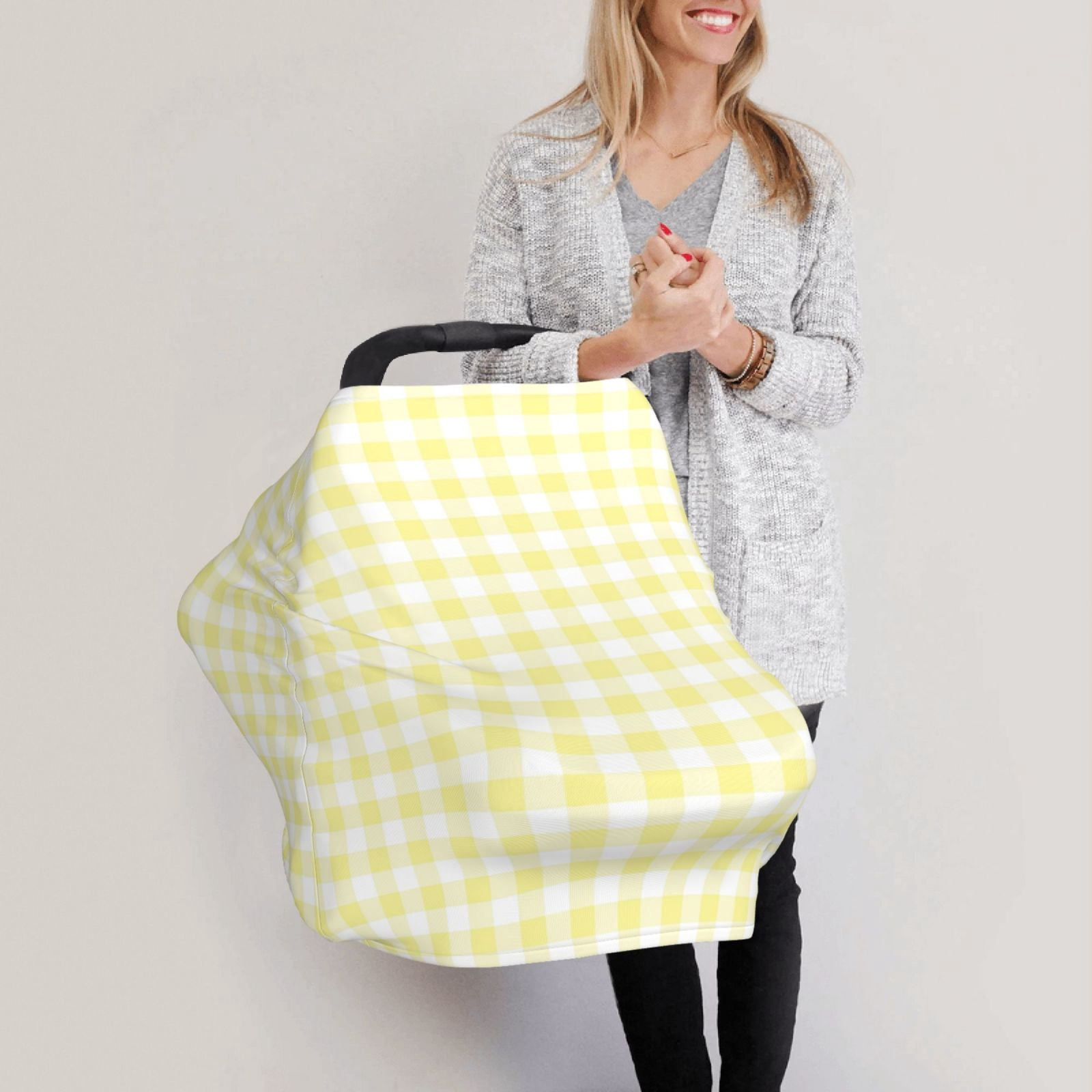 Fotbe Lemon Yellow Checkboard Pattern Car Seat Covers for Babies, Nursing Breastfeeding Cover Infant Carseat Canopy, Soft Stretchy Carrier Cover