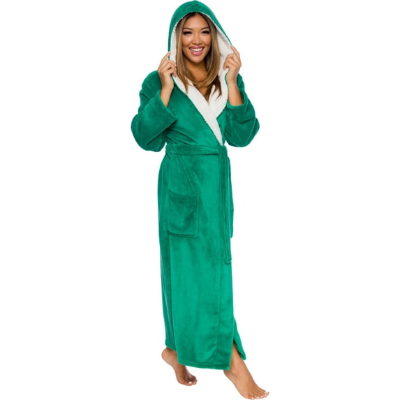 Silver Lilly Womens Sherpa Trim Fleece Robe with Hood - Full Length Warm Plush Luxury Bathrobe (Emerald Green, Small-Medium)