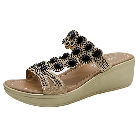 

Mackneog Spring And Summer Thick Soled Women Sandals Wedge Heel Rhinestone Slippers Sandals Gift on Clearance