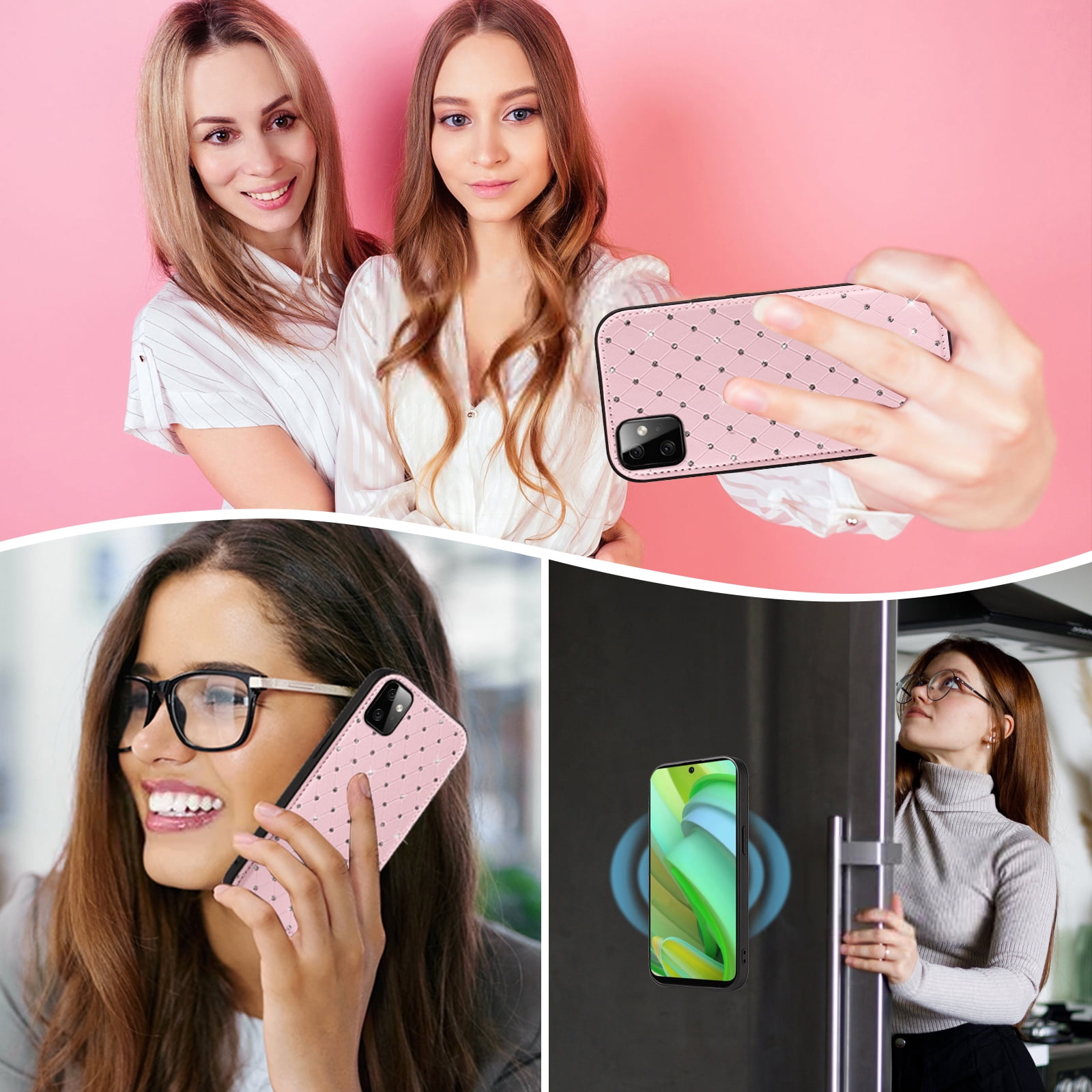 Asuwish Phone Case for Motorola Moto G Power 5G 2023 Zipper Wallet Detachable Cell Cover with Tempered Glass Screen Protector Crossbody Lanyard Strap Glitter Flip Card Holder Slot GPower Women Pink