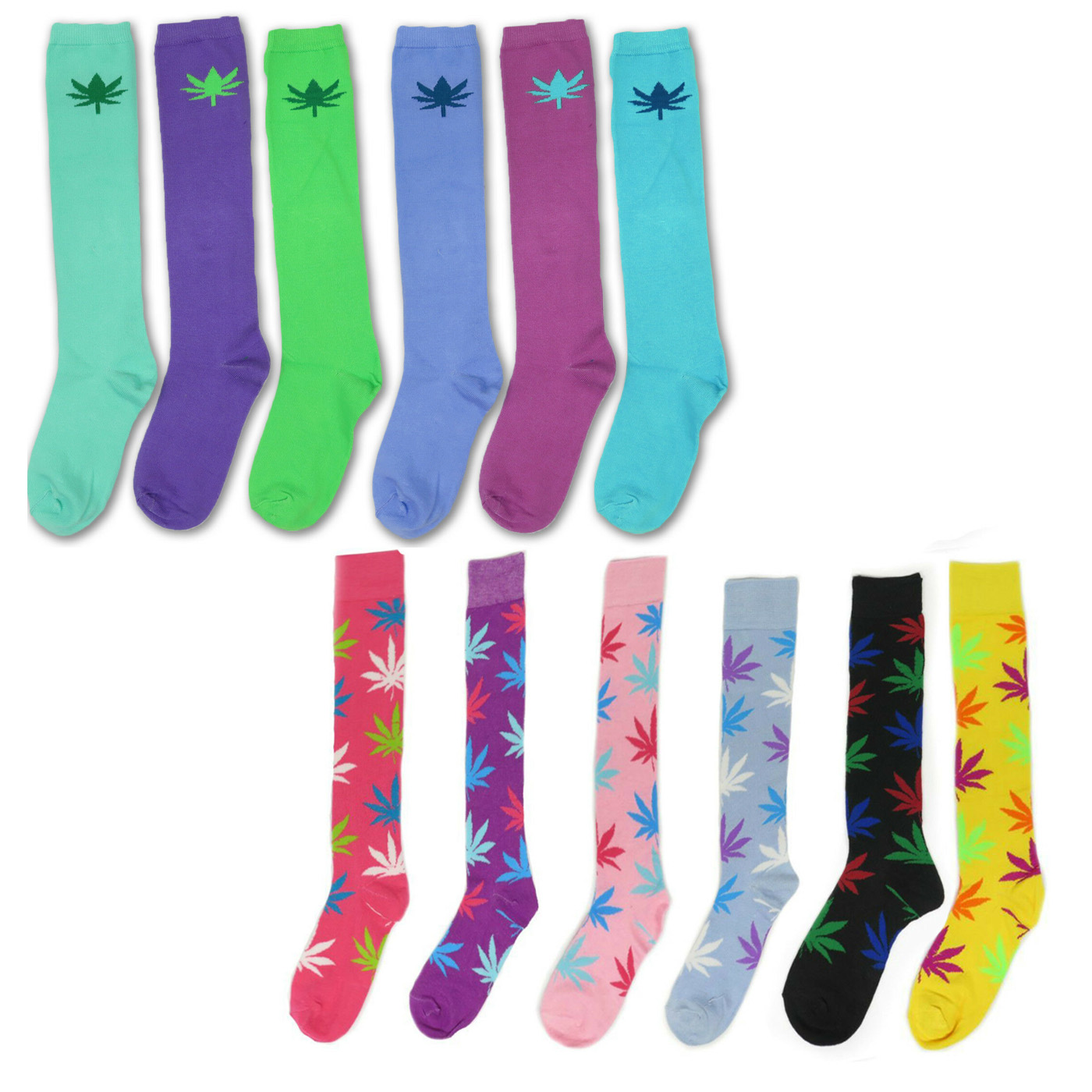 12 Pairs Women's Novelty Assorted Knee High Socks, Mary Jane Leaf Print (12 Pairs)