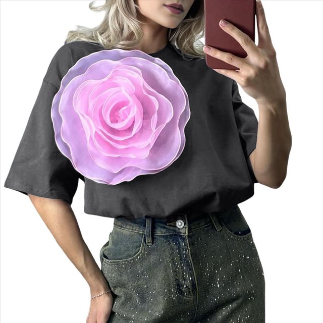 Camiseta de Flores 3D para Mujer, Corta, Cuello Redondo, Verano Gris L
