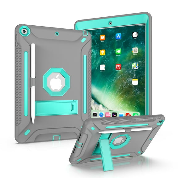 Allytech iPad 10.2" Case with Screen Protector Film, Heavy Duty Shockproof Kids Friendly Kicstand Full Protection Anti-scratch Back Cover Case for Apple iPad 10.2" 7th Generation, Gray/Mint