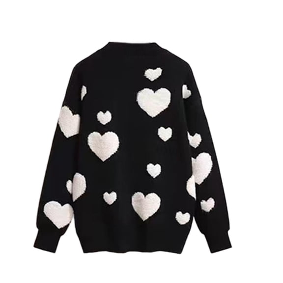 MOJOGO Cute Heart Print Sweater for Women Basic Crewneck Long Sleeve Pullover Tops Sweet Outfits for Valentine's Day Black Free Size