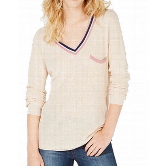 Hippie Rose Juniors Stripe Trimmed V Neck Sweater