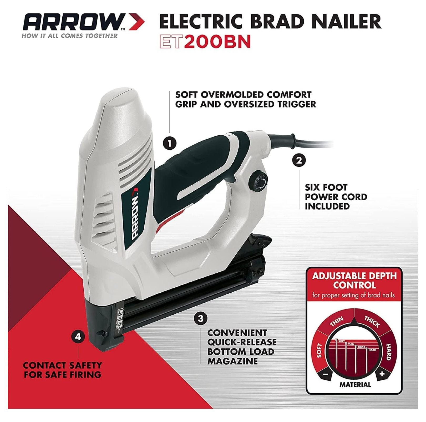 Arrow ET200BN Heavy Duty Electric Brad Nailer, Professional Nail Gun for Trim, Picture Frames, , Fencing, Uses Brad in 5/8", 3/4", and 1"
