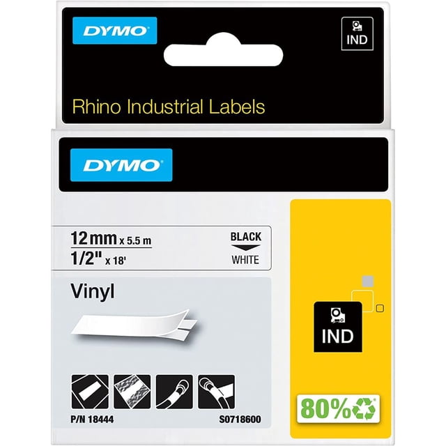 Cinta Rhino Vinilo 12mm Negro/Blanco DYMO Etiquetas para rotulador
