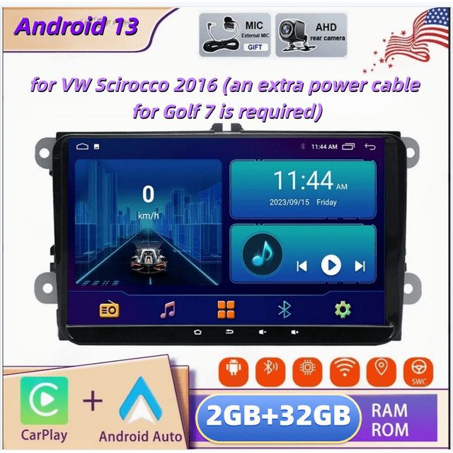 2+32GB Android 13 9-inch Car Stereo for VW Scirocco 2016 (an extra power cable for Golf 7 is required) with Carplay and Android Auto GPS Navigation WiFi Bluetooth SWC RDS DSP DAB + AHD Backup Camera