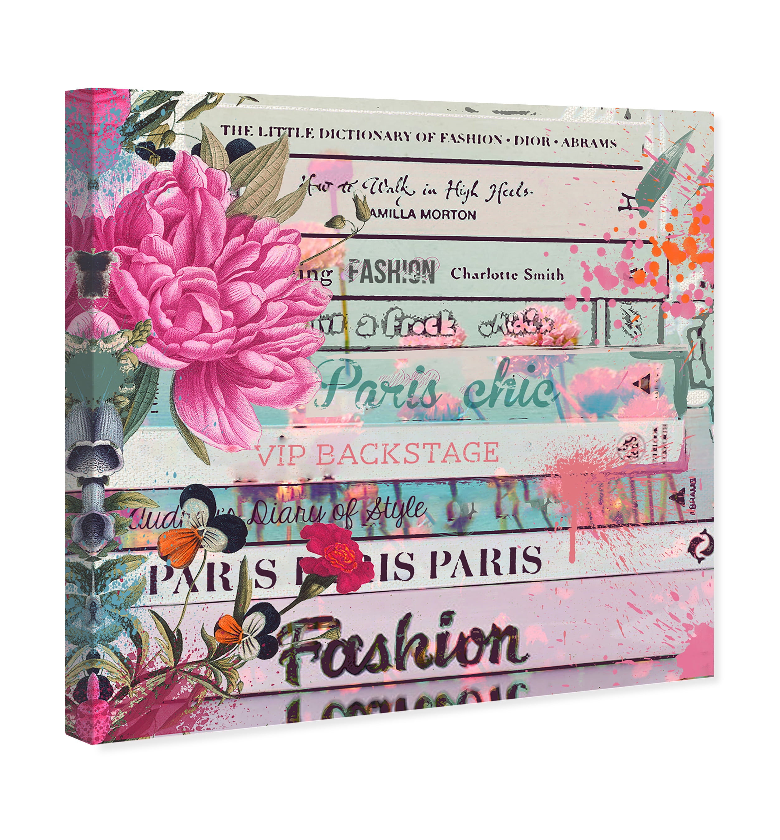 Wynwood Studio Fashion and Glam Modern Canvas Art - Bookstack Pink Flower On Top, Wall Art for Living Room, Bedroom, and Bathroom, 12 in x 12, Pink and Blue Home Decor