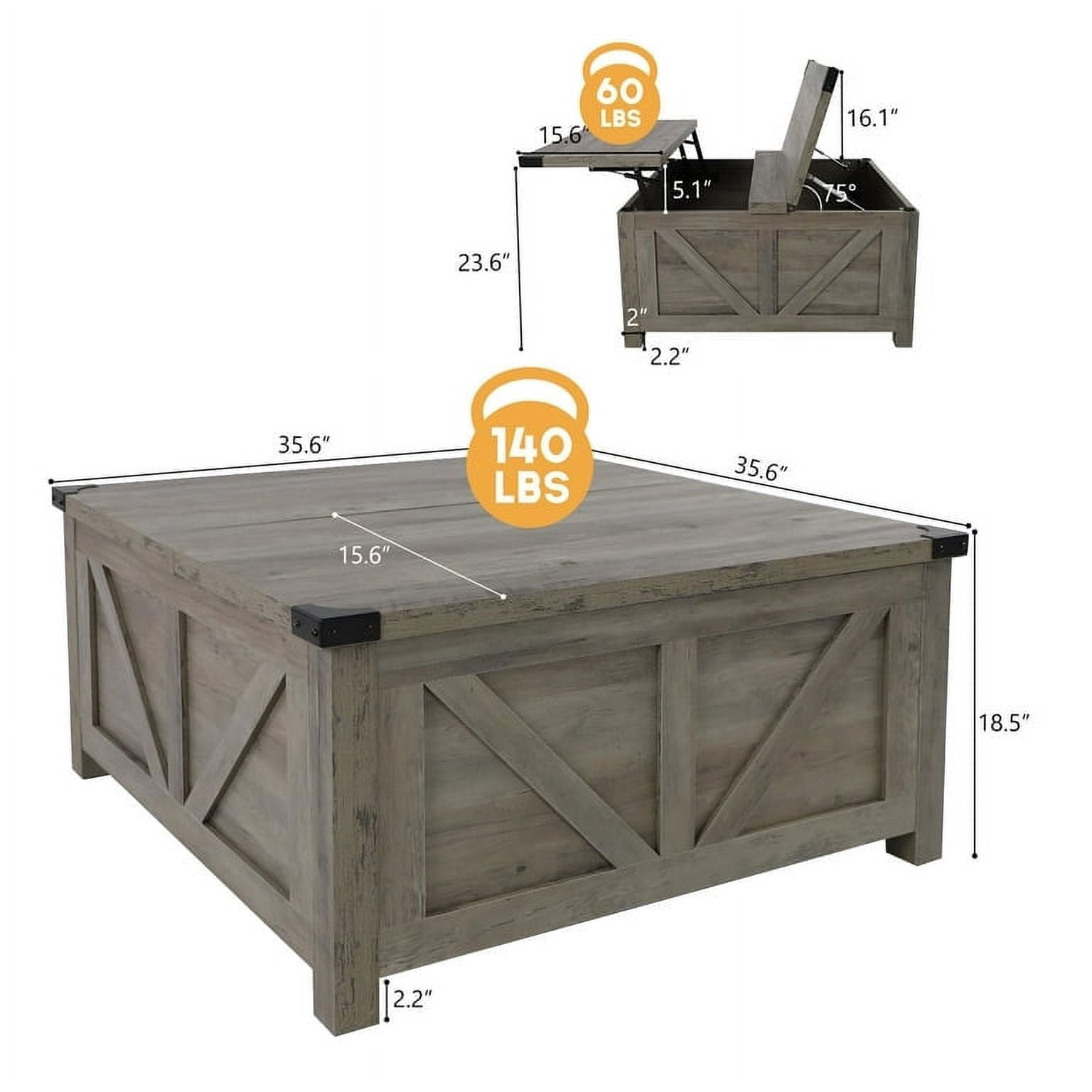 ChVans 35.6" Square Lift Top Coffee Table, Farmhouse Coffee Table with Storage & Charging Ports, Wood Center Table w/Large Hidden Space for Living Room Home Office