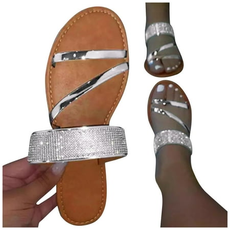 

Cathalem Women s Beach Sandals Shoes Summer Breathable Open Toe Rhinestone Slip-On Women s sandals Dressy Sandals Women Wedge Silver 7.5