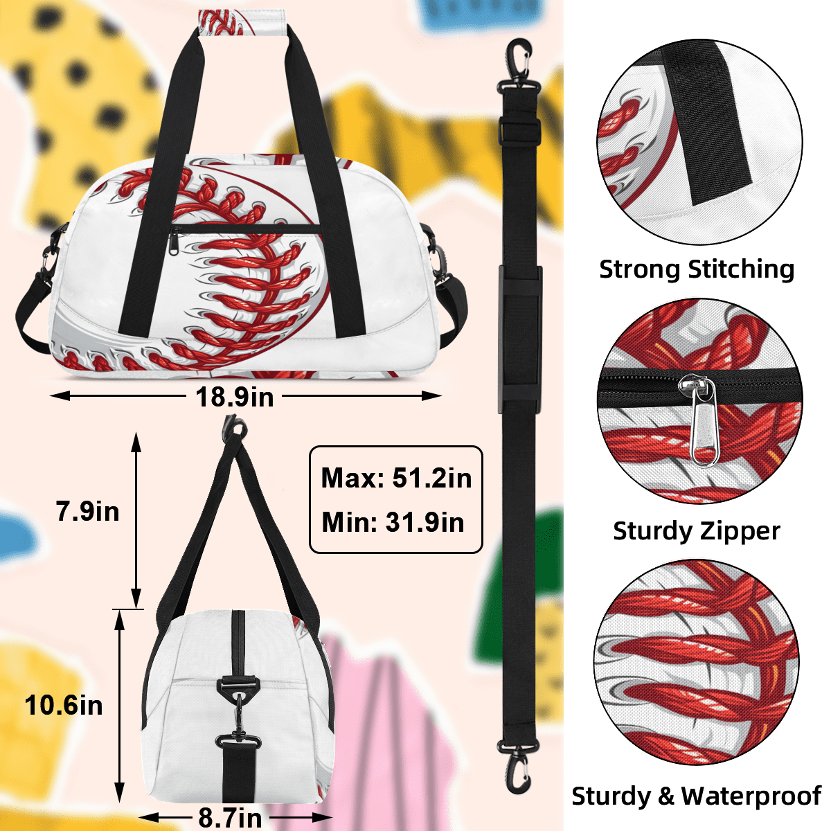Herdesigns Baseball Sports Duffle Bag for Women & Men, Red Ball Sports Gym Bag Dance Bag Overnight Bag Carry On Weekender Travel Bag