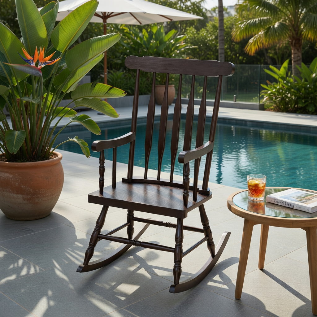 Hommoo Solid Rubber Wood Rocking Chair for Patio, Garden & Indoor Use, Ergonomic Outdoor Rocker with High Back & Curved Armrests, Black