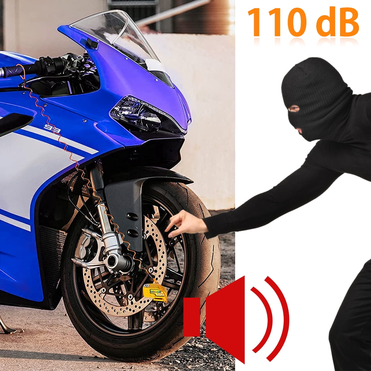 Motorcycle Alarm Disc Brake Lock Anti-theft Motorbike Alarm Padlock 110dB Alarm Sound Security Wheel Disc Lock with Reminder Cable for Motorcycles Bicycles Bikes