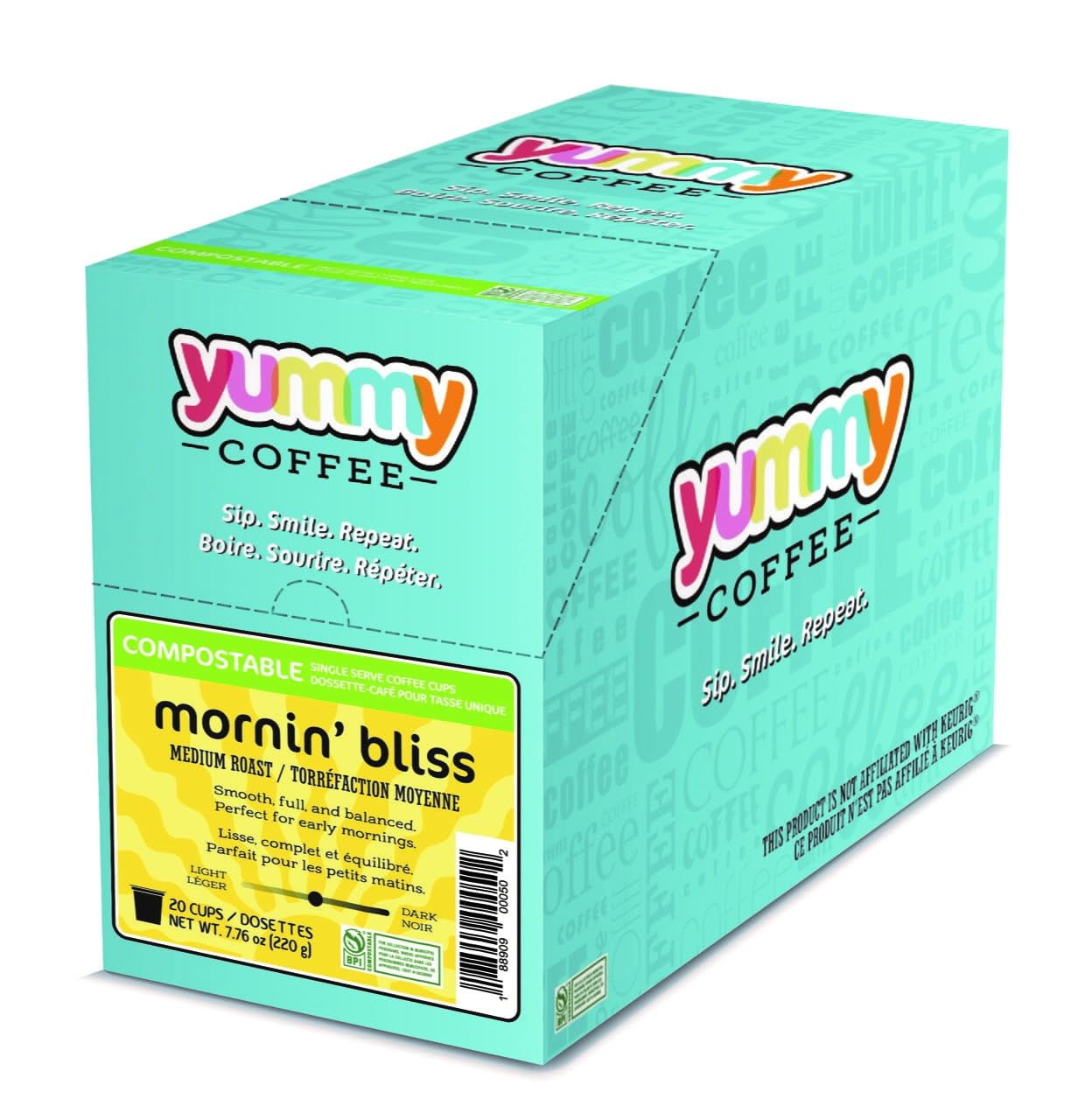 Yummy Coffee Mornin' Bliss Medium Roast Coffee, Single Cup Compostable Pods Compatible with Keurig K-Cup Brewers, 20 Count per Box, 4 Boxes