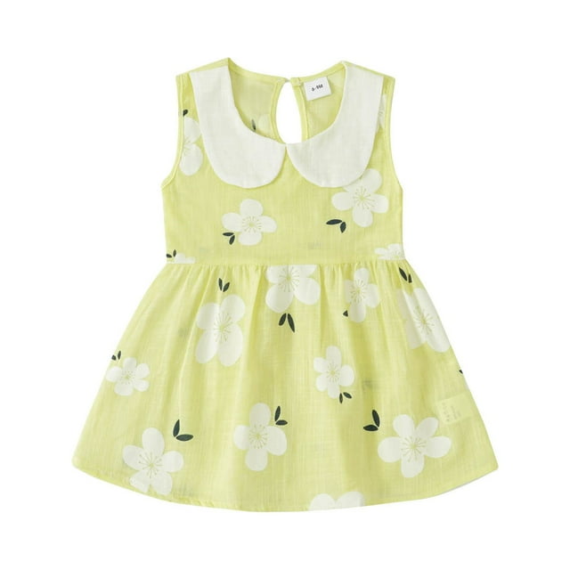 Penkiiy Robes Habillées pour Bébés Filles, Mode Mignonne Sans Manches, Col Poupée, Imprimé Floral, Robe de Princesse, Robes Jaunes pour 4-5 Ans