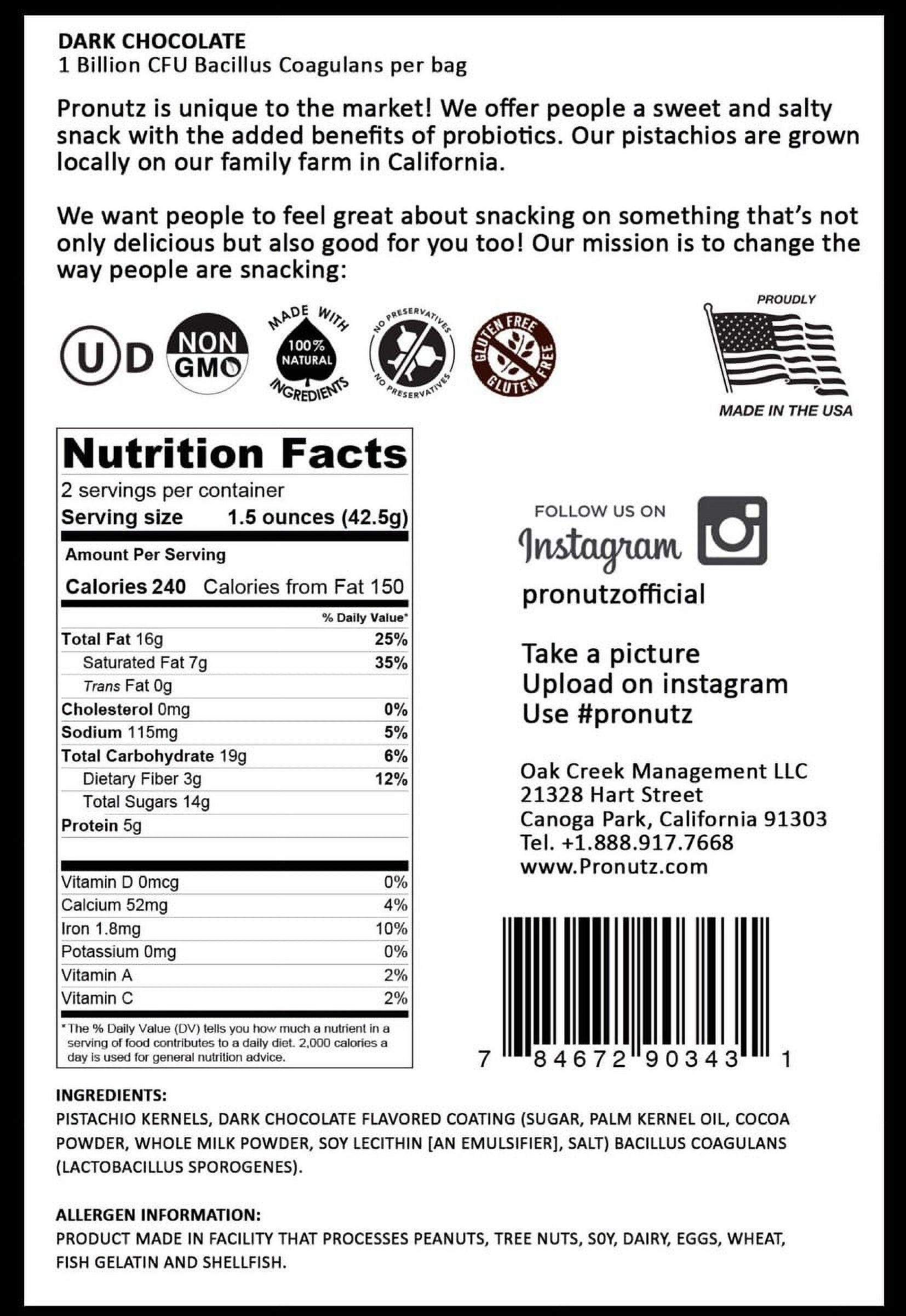 Pronutz 784672903431 Dark Chocolate Covered Pistachios with Added Probiotics