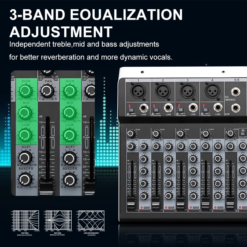 MX6 Channel 99 DSP Effect Mixer Record PC 48V Phantom Power USB Sound Mixers Bluetooth DJ Console Mixing ,Easy to Operate