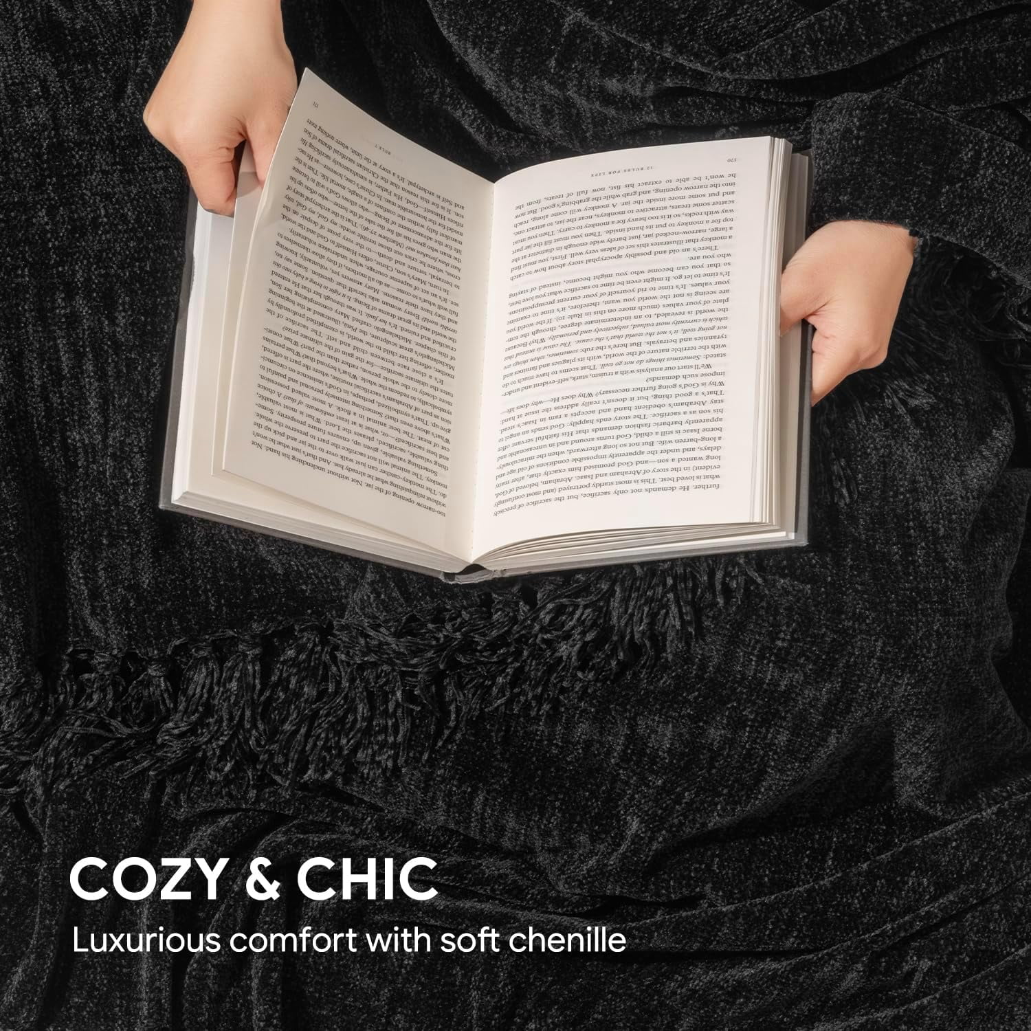 RECYCO Throw Blanket Soft Cozy Chenille Throw Blanket with Fringe Tassel for Couch Sofa Chair Bed Living Room Gift (Black, 50" x 60")