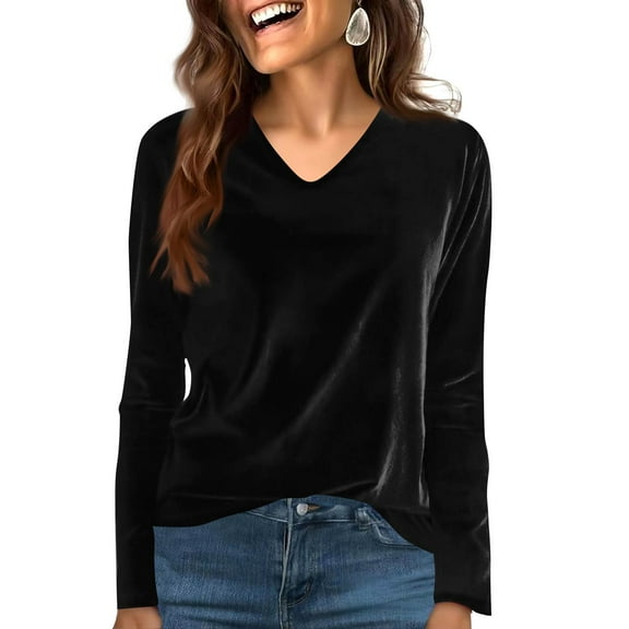 Women's Long Sleeve Shirt Casual V Neck Pullover Solid T-Shirt Velvet Tops Pluse Size Fall Fashion 2025 Outfits Black L