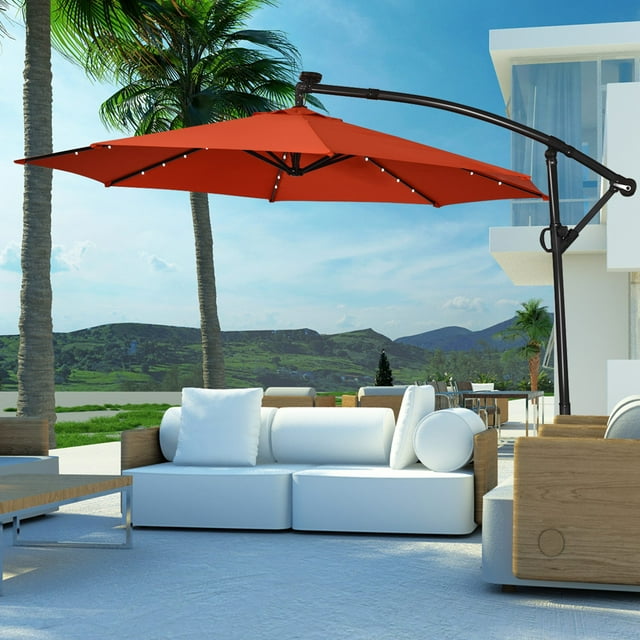Costway Parasol Déporté de Patio 10 Pieds à DEL Solaires, Rotation à 360 Degrés, Orange