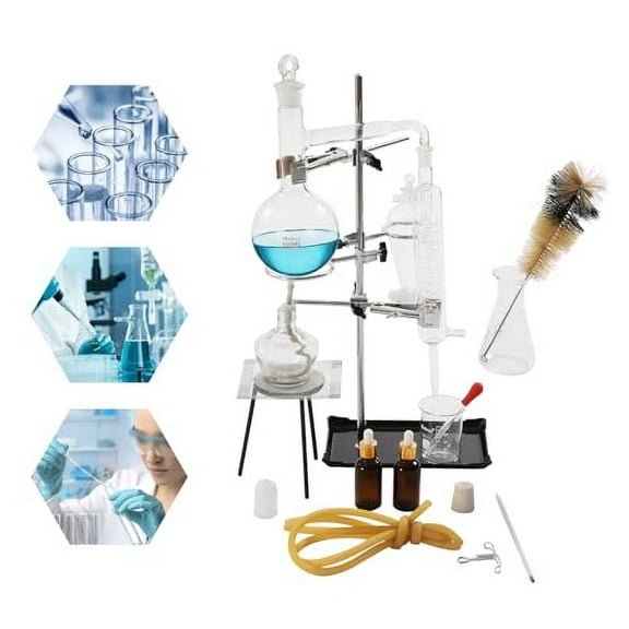 500Ml Essential Oil Distillation Apparatus, Chemistry Lab Glassware Kit Glass Blowing Kit with Condenser Tube, Water Distiller Purifie Distillation Apparatus for Home, School, Laboratory
