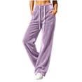 thumbnail image 4 of Women Casual Fleece Wide Leg Pants, Elastic Waist Loose Long Trousers with Side Pockets for Daily Loose Outfits Purple-A S(S), 4 of 8