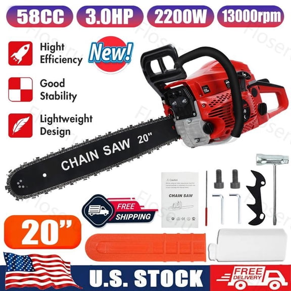 Floseru Professional 58cc Gas Powered Chainsaw with Quick-Switch 20 Inch Bar System – Chain Saw with Easy-Start for Tree Cutting, Limbing & Farm Use