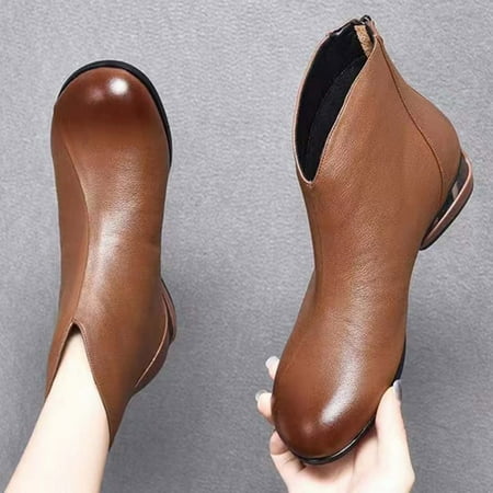 

TALKVE Fashion Autumn And Winter Women Ankle Boots Flat Bottom Low Heel Thick Heel Round Toe Solid Color Back Zipper Casual Style