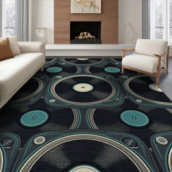 ODIKA 8'x10' Washable Area Rug Vinyl Music Retro Dj Turntable Border Player Cassette Record Vintage Refined for Living Room, Under Sectional, Family , Durable, Non-Slip