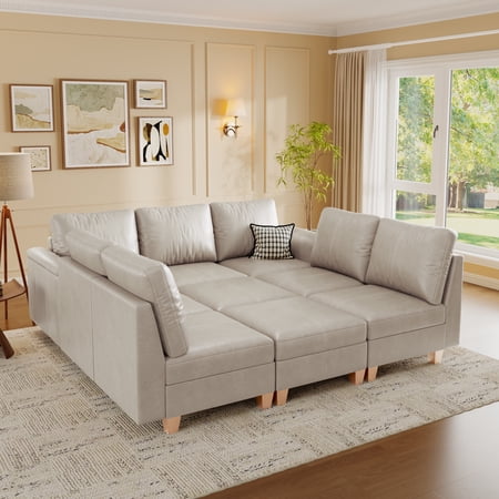 SITJOY 91" Faux Leather Modular Sectional Couches with Storage & Ottoman, Convertible 9 Seat U-Shaped Modular Sleeper Sofa Bed for Living Room, Beige