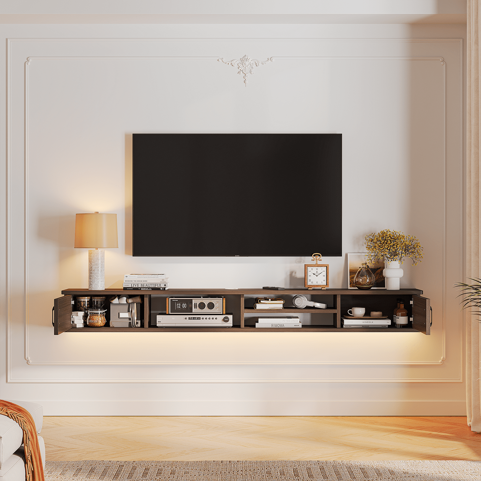 FloatiCasa 66-inch Floating TV Stand Wall Mounted Floating Media Console for TVs up to 70 inches Floating Entertainment Center(Walnut)