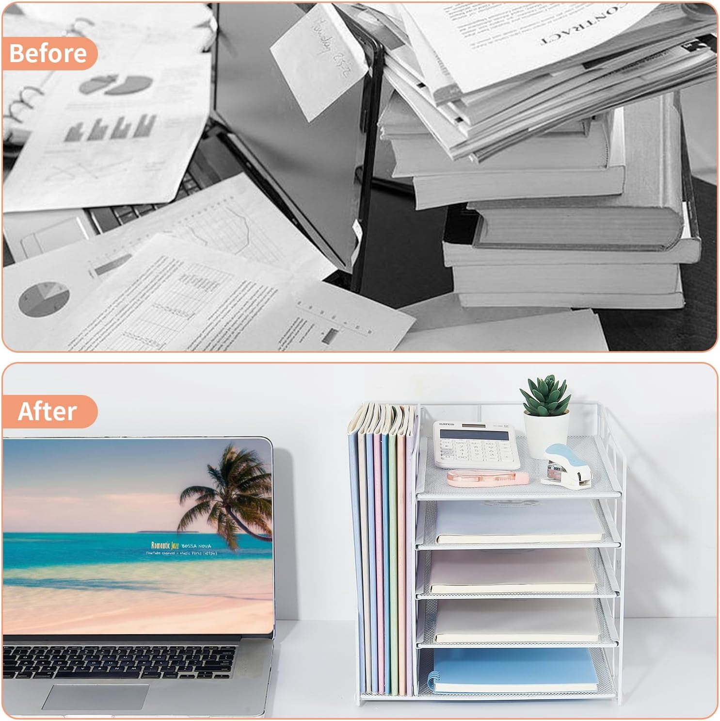 Desk Organizers and Accessories, 5-Tier Paper Letter Tray Organizer with File Holder, Desktop Organizer for Office Supplies (White)