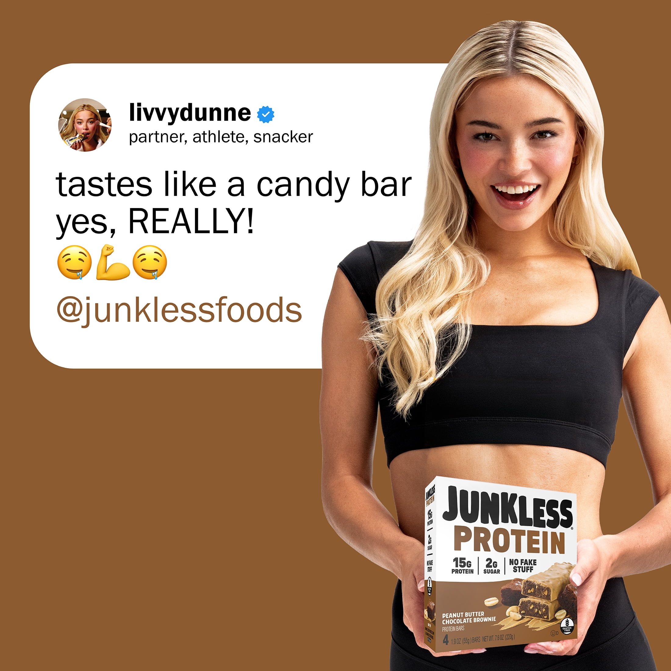 JUNKLESS Peanut Butter Chocolate Brownie Protein Bar, 15 g Protein, High Fiber, Gluten Free, 1.9 oz, 4 Count