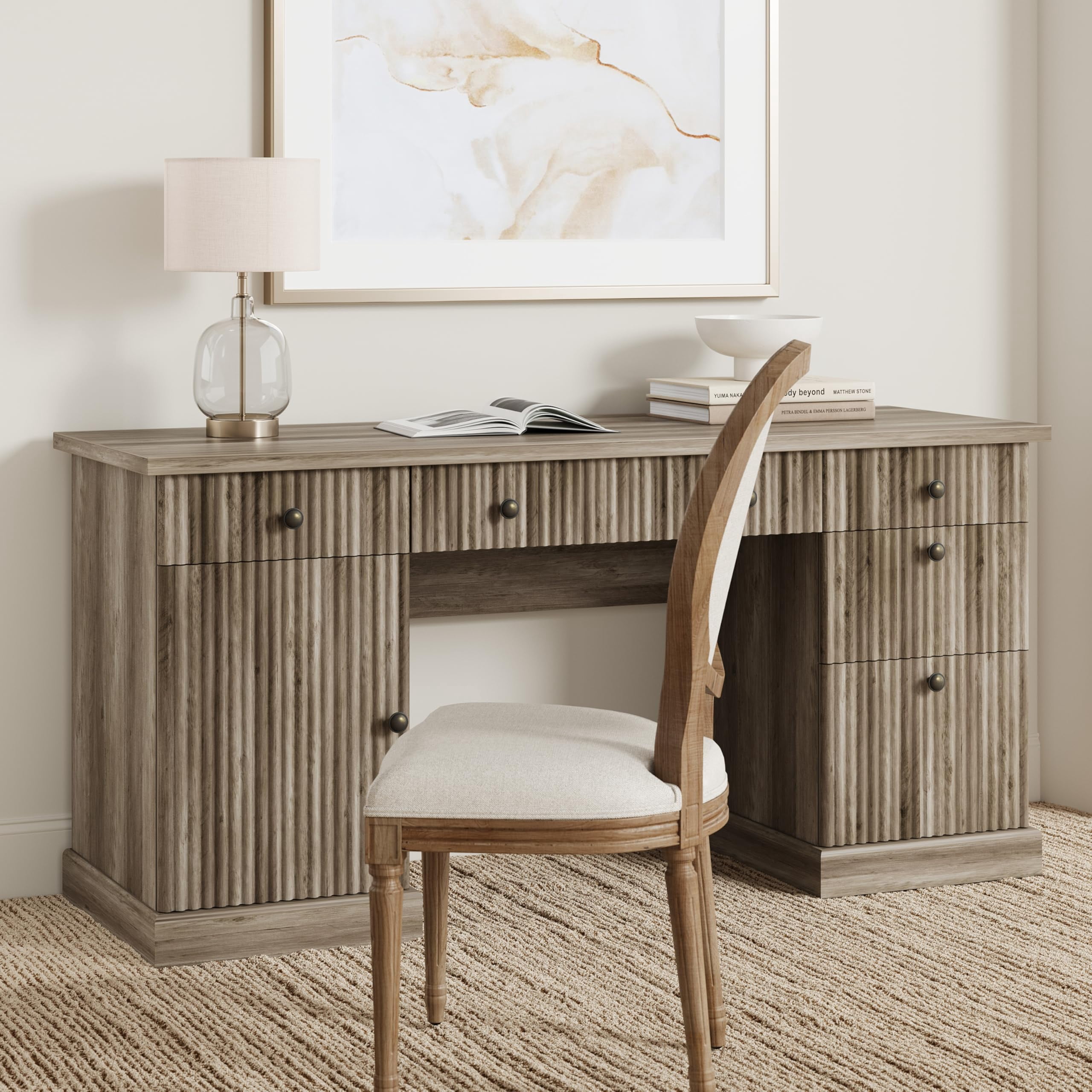 Garvee 60" Fluted Executive Desk with Charging Station & File Storage – Modern Wooden Computer Desk for Home Office, Study, Living Room or Bedroom-Gray