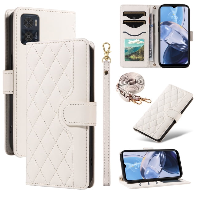 Motorola MOTO E22/E22i Phone Case , Wallet Flip Cover Adjustable Crossbody Lanyard Magnetic Card Slots