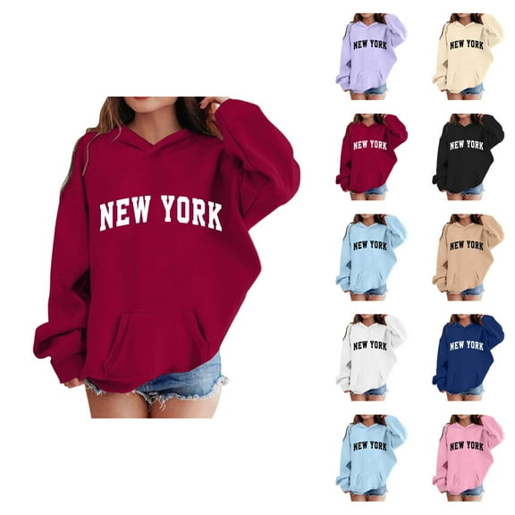New York Hoodies for Girl Fall Winter Long Sleeve Casual Graphic Hooded Sweatshirt with Pockets Kids Pullover Tops