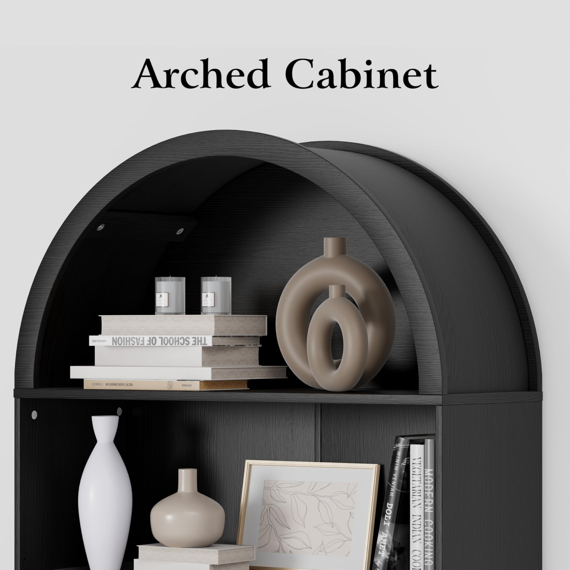 71" Tall Arched Bookshelf, 5 Tier Modern Farmhouse Bookcase with Sliding Doors & Adjustable Shelves, Wood Display Cabinet, Black