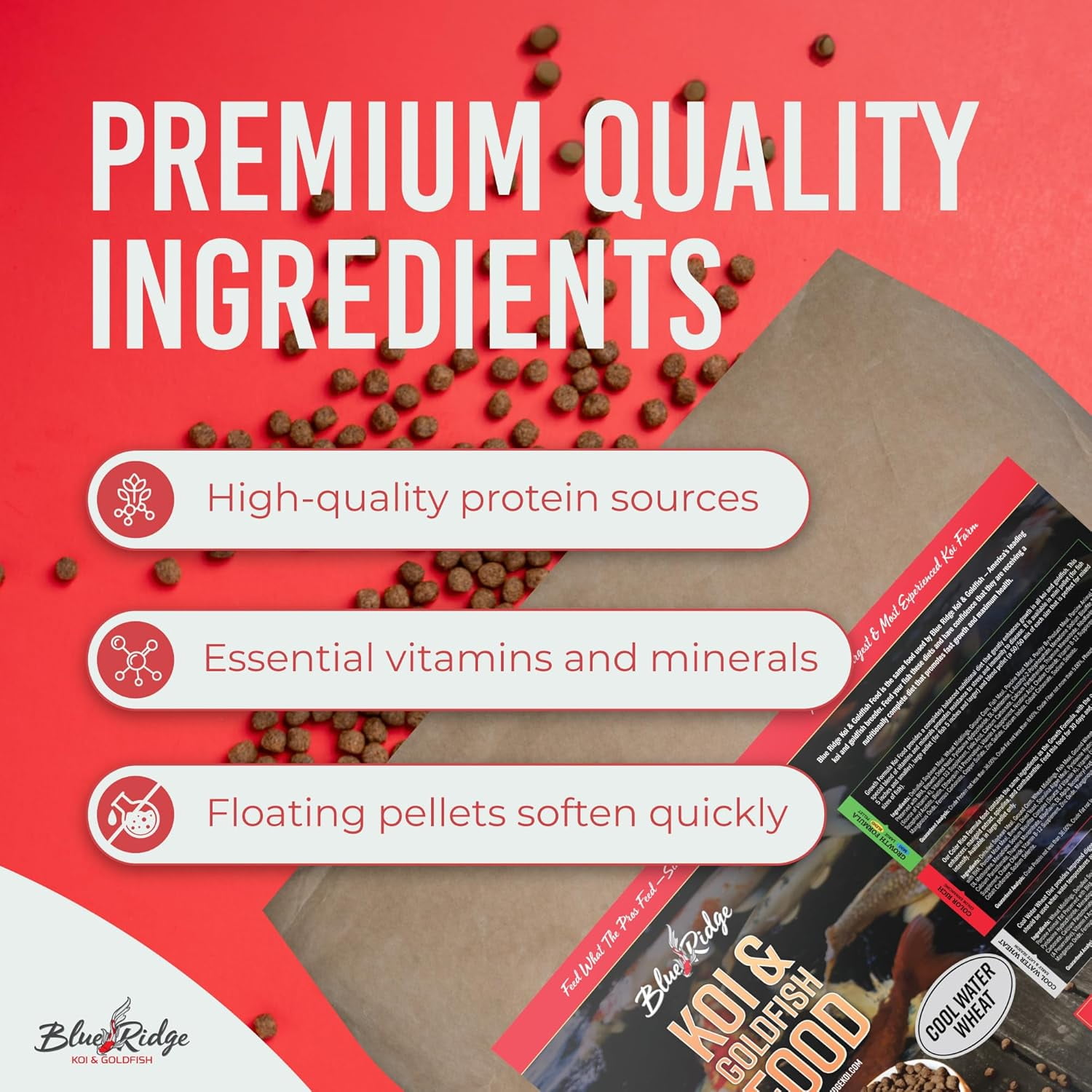 Blue Ridge Koi Fish Food 50lb - Koi Food 3/16” Cool Water Wheat, Goldfish Food, Premium Fish Food for Ponds, Ponds Fish Food, Koi Food Fall and Winter Fish Food, Floating Pond Pellets