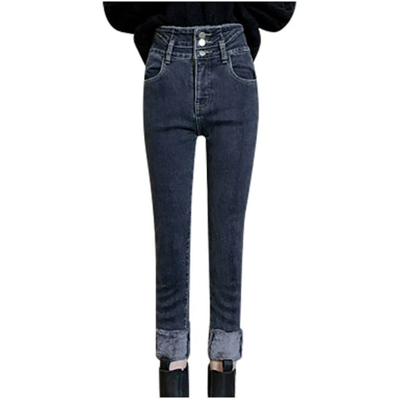 Aofany Women's High Waisted Jeans Fashion Leisure Plush And Thick Winter Straight Denim Pants Pencil Trousers
