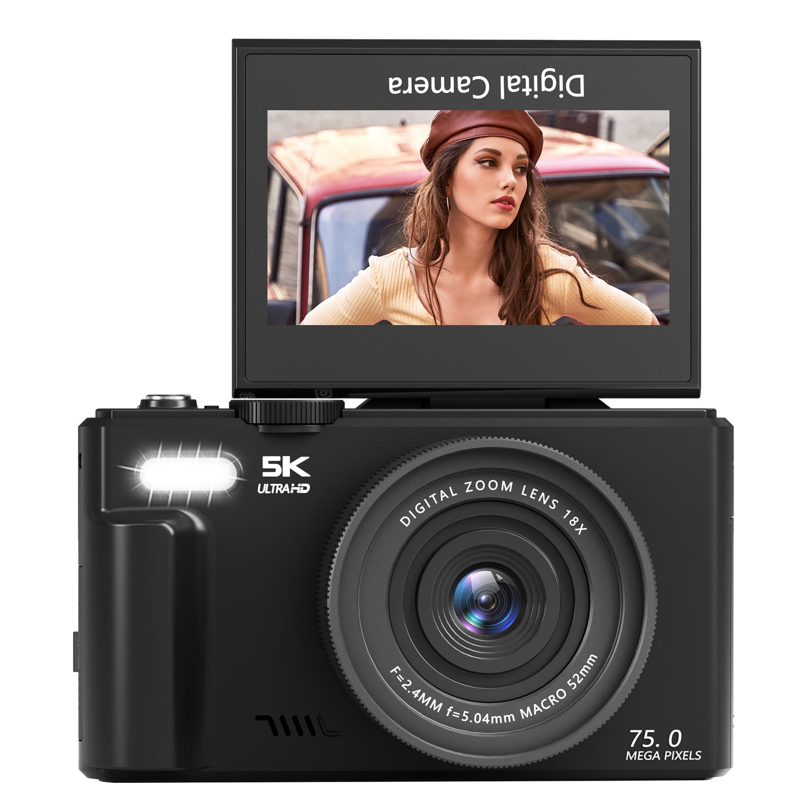 Saneen Digital Camera 5K 75MP WiFi Vlogging Cameras for You Tube 3''180° Flip Screen 18X Zoom with 32GB Card for Beginners Black