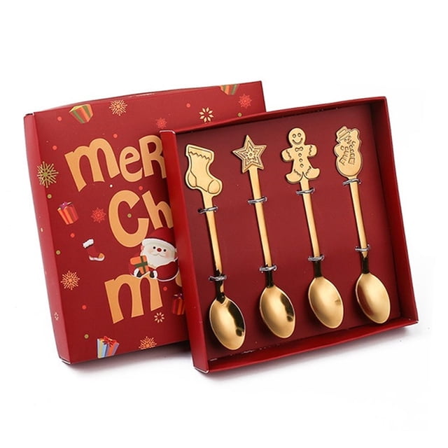 4 Piezas Cucharas de Postre Cucharas de Sopa Navideñas de Acero Inoxidable Cucharas Redondas de Caldo Cubiertos con Caja Perfecto for Fiestas de Café y Utensilios de Cocina Diarios