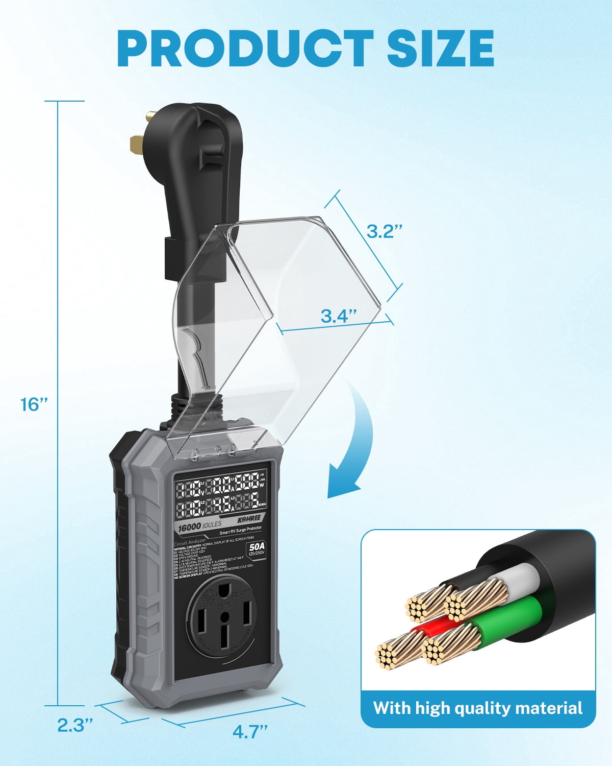 Kohree RV Surge Protector 50 Amp, 125V/250V 16000 Joules RV Circuit Analyzer with High/Low Voltage Protection for Camper Travel Trailers