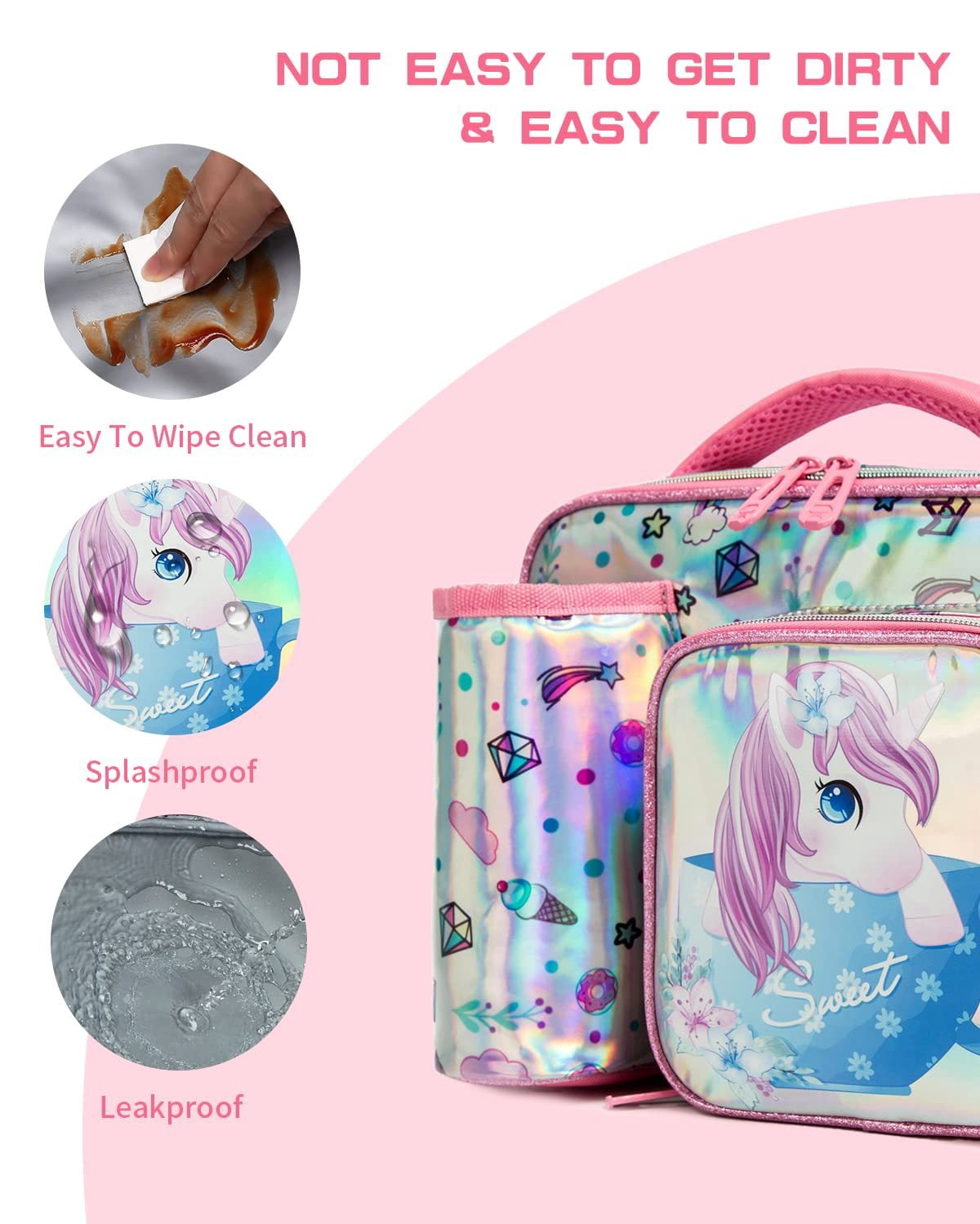 IvyH Kids Insulated Lunch Bag With Bottle Holder Adjustable Shoulder Strap Reusable Water Resistant Cartoon Lunchbag